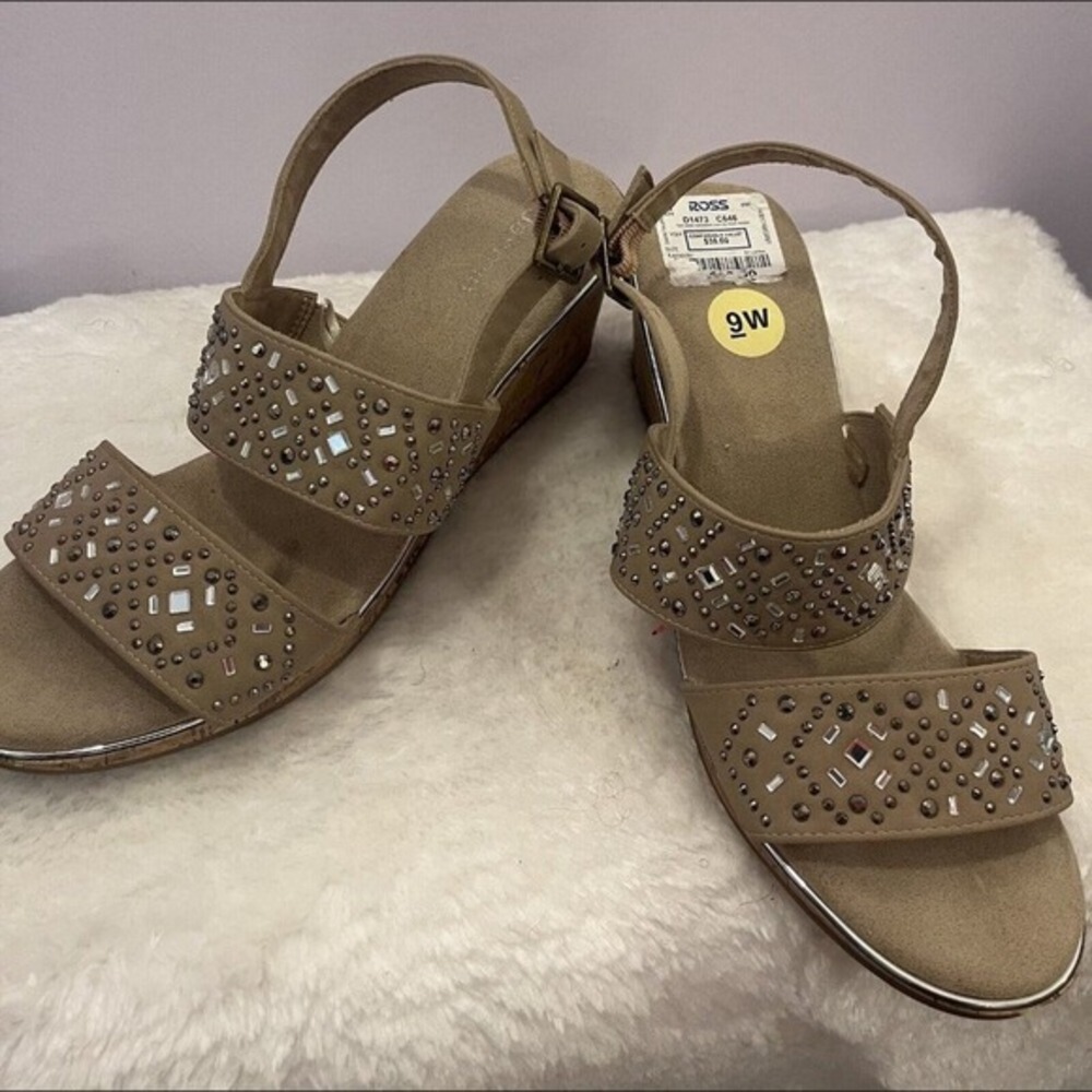 Jasmine‎ Tan Wedge Sandals Embellished Studded Ankle Strap Women's Size 9W
